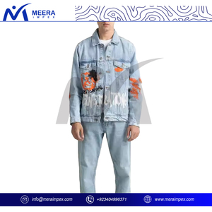 Veste en jean pour hommes de couleur bleu clair nouveau design veste en jean pour hommes surdimensionnée avec logo imprimé en tissu respirant et boutons - Product Image 2