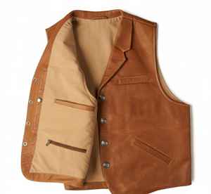 Mens Tan Leather Woolen Breathable Winter Mandarin Collar Western Vest Vintage Cowboy Style Lapel <b>Waistcoat</b> Rancher Apparel - Product Image 4