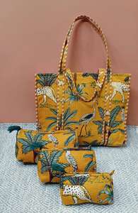 Conjunto de neceser de cuero acolchado bohemio de 3 piezas con forro de algodón estampado de bloque neceser para mujer con dos asas - Product Image 6