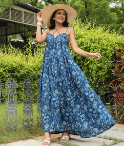 Pure Cotton Indian Block Print Women's Girls' Printed Maxi Dress Trendy Casual Summer Evening Party Dress Button <b>Long</b> Fit - Product Image 1