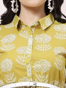 Nouvelle Robe Courte Évasée Décontractée pour Femme, Col Chemise, Manches Courtes, Imprimé Floral Jaune Moutarde, en Mélange de Coton, Ceinturée, Coupe Ajustée, Idéale pour l'Été - Product Image 2