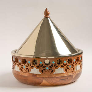 Mother of Pearl Design Wooden Bowl Food Warmer Round Casseroles Hotpot Tableware Casseroles Best Selling Metal Serving Hotpots - Product Image 1