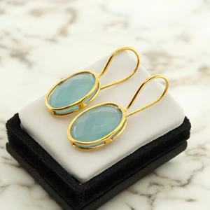 Boucles d'oreilles en argent sterling 925 avec calcédoine naturelle Aqua Bijoux en pierres précieuses à facettes faits à la main Boucles d'oreilles plaquées or - Product Image 4