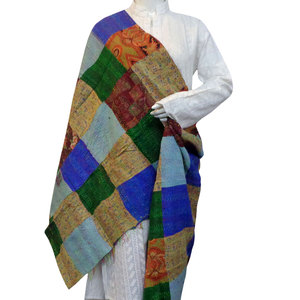 Latest Stylished Stoles and <b>Shawls</b> Exquisite Design Hand Crafted Cotton Kantha Reversible <b>Silk</b> Stole for Sale - Product Image 1