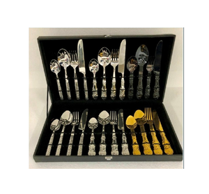 Cubiertos Cuchara dorada Tenedor Cuchillo Juego de cubiertos de acero inoxidable Vajilla personalizada Juego de cubiertos para el hogar y la boda Usado - Product Image 1