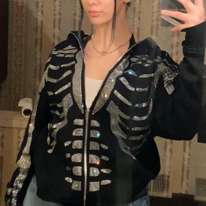 Squelette chaud strass femmes Goth sweat à capuche zippé gothique à manches longues tricoté sweat à capuche surdimensionné Y2k sweats à capuche nouveau manteau - Product Image 1