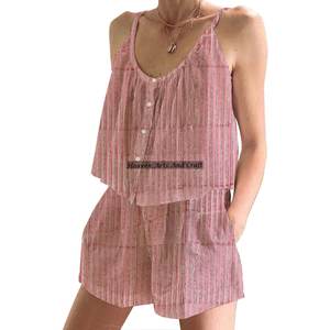 Ensemble de pyjama pour femmes, style bohème hippie, manches bouffantes, shorts, coton indien, printemps/été, floral, ajusté, bretelles fines, sans manches - Product Image 2