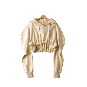 เสื้อสเวตเชิ้ตมีฮู้ดแบบครอปสำหรับผู้หญิง สีมัสตาร์ด แขนยาว สีพื้น ผ้าถัก ใส่ได้ในฤดูใบไม้ร่วง ระบายอากาศได้ดี ทรงปกติ - Product Image 5
