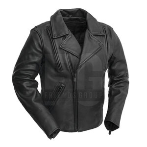 Chaqueta de Motociclista de Cuero Genuino para Hombre, Negra, Impermeable, Transpirable, Cortavientos, con Cierre y Cuello Mao, de Invierno, en Poliéster - Product Image 1