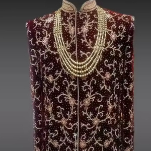 NEW ZARI EMBROIDERY on MAROON VELVET SHERWANI,<b>PANT</b> & MATCHING SHOE WITH EMBELLISHED CRYSTAL GLASS BEADS,STONE,DABKA WORK @ 2024 - Product Image 1