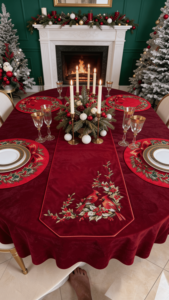 Luxury Embroidered Cotton <b>Table</b> <b>Runner</b> with Red Cardinals and Holly Pattern Traditional Home & Hotel Decor Washable - Product Image 6