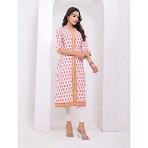 Kurti de Algodón con Estampado de Bloques en Rosa y Blanco, Ropa de Asia y las Islas del Pacífico - Product Image 4