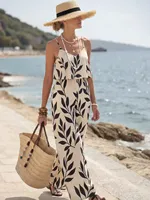 Ensemble 2 pièces pour femme à imprimé feuilles : Haut court à col en V et bretelles spaghetti, pantalon palazzo taille haute à jambes larges – Tenue d'été décontractée