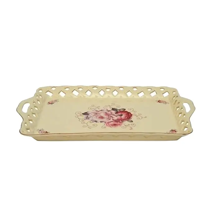 Serving Tray Floral Design-Serving Platter Aluminium Casted Serving Tray with Enamel Printed Finished Handmade Tray