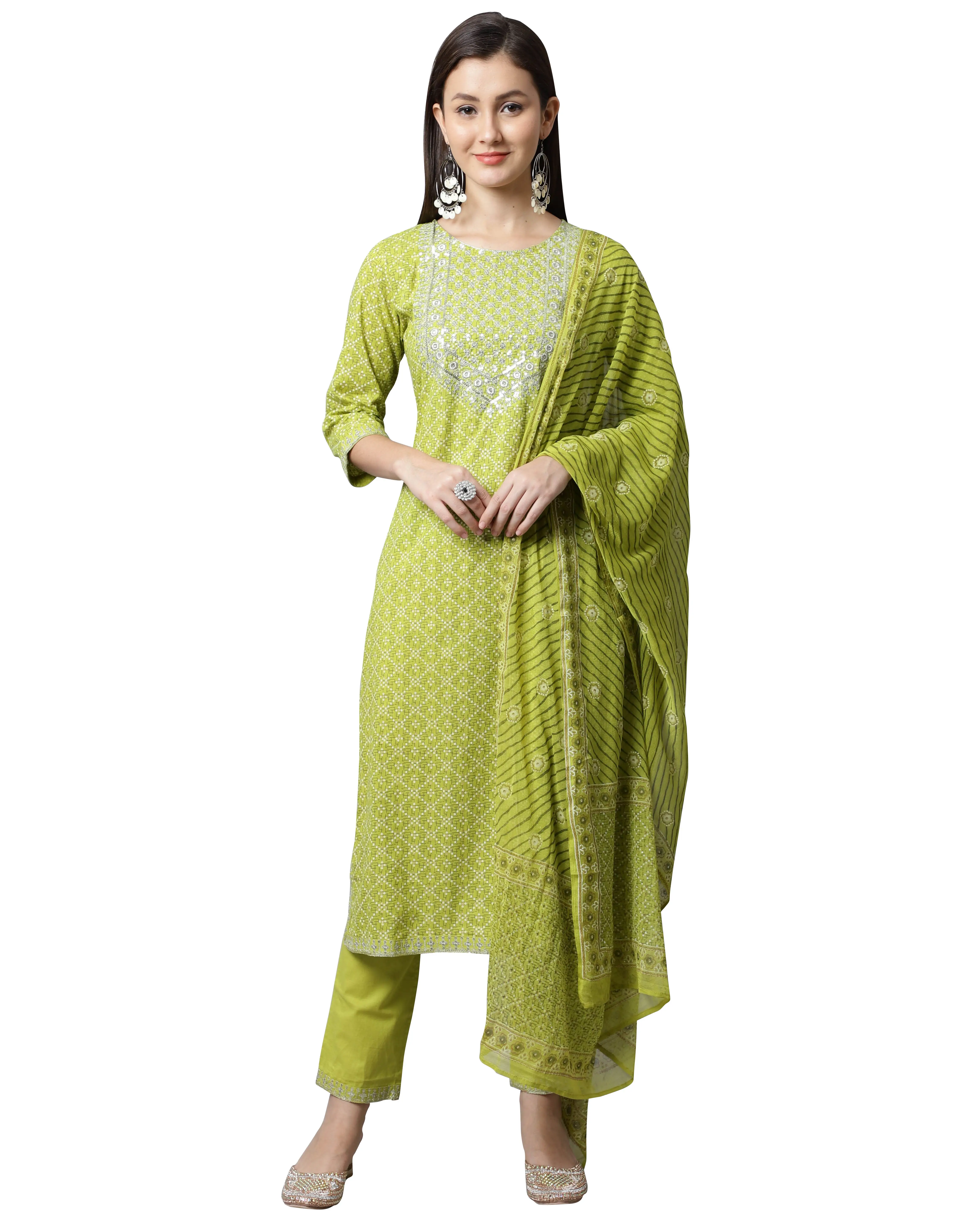 Rajnandini esclusivo Designer tradizionale Mehndi color Kurta set pantaloni Kurti con fantasia dupatta per belle donne per il festival
