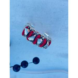 Navajo Handmade <b>Red</b> Coral & Sterling Silver Fashion Cuff <b>Bracelet</b> - Product Image 3