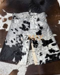 Poils en cuir de vachette sur short en cuir imprimé vache taille haute Baggy short évasé homme été cuir court - Product Image 5