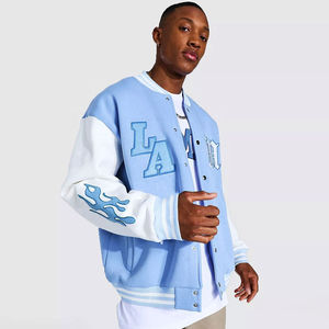 Custom Blue White Stand Collar Front Embroidered Logo <b>Slim</b> <b>Fit</b> <b>Men's</b> Varsity <b>Jacket</b> Button-Up Baseball Style Winter Warm - Product Image 5