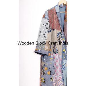 Vêtement de nuit long en coton biologique vintage pour femmes, robe kimono matelassée Kantha, fabrication artisanale, mode indienne pour les festivals, veste confortable - Product Image 4