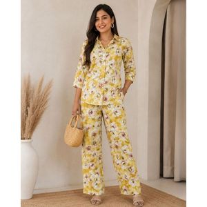 Ensemble coordonné en rayonne et coton à imprimé floral jaune, manches trois-quarts, style décontracté - Product Image 2