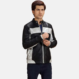 Randolf Reversible Vintage Biker <b>Jacket</b> in Silver Black <b>Sheepskin</b> Lambskin Zippered Water-Proof XS 6XL Sizes for Spring Autumn - Product Image 1