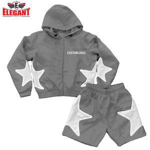 Conjunto de pantalones cortos informales deportivos elegantes para hombre con diseño de patrón de estampado tejido con capucha y cremallera de nailon de calidad superior personalizable - Product Image 5