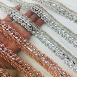 Custom Made Machine Embroidered Laces in <b>Small</b> Pearls & <b>Mirror</b> Work in Colours for Wedding Dresses - Product Image 1