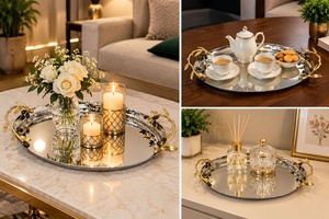 Bandeja Ovalada Plateada con Asas de Rama de Olivo Dorada, Artesanía Metálica Hecha a Mano, Decoración de Mesa Contemporánea, Accesorio para Sala de Estar - Product Image 3