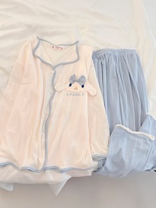 Set Pigiama Coniglietto Kawaii con Applicazioni 3D in Peluche, Carino Rosa e Blu, Maniche Corte, Abbigliamento da Notte in Raso Morbido, Vita Elastica, Tinta Unita - Product Image 6