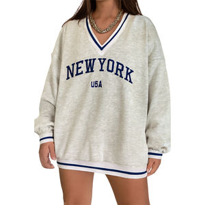 Sweat-shirt surdimensionné à col en V pour femmes pull décontracté à coupe ample avec poignets rayés et ourlet en mélange de coton doux Streetwear Fashion - Product Image 1