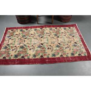 Vintage 3.5 X 6.5 ft Turkish Floral Rug Beige and <b>Red</b> Traditional Pattern <b>Wool</b> Material with Latex Backing - Product Image 3