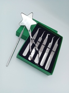 Pinzas de precisión para extensión de pestañas con agarre de diamante, juego de 7 piezas, mango con espejo, tijeras de muelle para cejas con cajas de cartón - Product Image 2