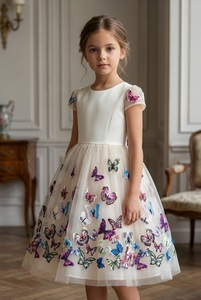 Tissu en tulle brodé de dentelle en polyester, motif papillon ombré multicolore métallisé, couleur ivoire, pour doublure de vêtements de mariage, de danse et de maillots de bain - Product Image 3