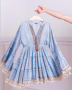 Imprimé floral col rond manches longues devant à lacets taille élastique femmes décontracté rayonne robe bohème robes décontractées robe Maxi - Product Image 3