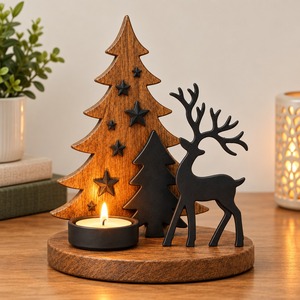 Porte-bougie de Noël en bois avec cerf et étoiles, décoration de table rustique pour les fêtes - Product Image 2