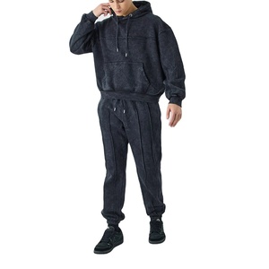 Invierno nueva última moda personalizada 100% algodón Terry hombres chándal de gran tamaño pantalones de chándal lavados con ácido y conjunto de Sudadera con capucha para primavera - Product Image 1