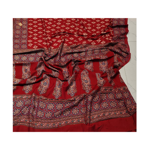Sari de algodón de muselina Ajrakh rojo con pieza de blusa Sari étnico hecho a mano para mujer - Product Image 6