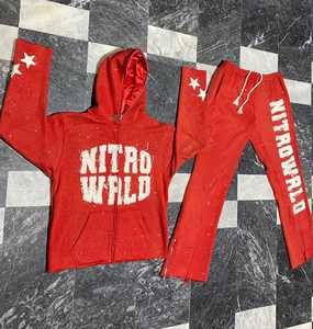 Vente chaude Streetwear Strass Broderie Patch Hommes Survêtement Personnalisé Full Zip up Évasé Pantalon De Survêtement et Sweat À Capuche Ensembles - Product Image 2