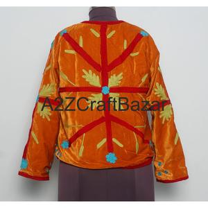 Exportateur de veste en velours d'hiver élégante et respirante à col rond, style Suzani, bordure, manches longues, doublure en coton pur, broderie florale - Product Image 5