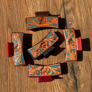 New Arrival Wholesale Western Stylish Handmade <b>Engraved</b> <b>Tooled</b> Leather Hair Claw Clips Leather Claw Hair Accessories for Women's - Product Image 1