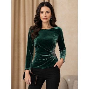 Women's Long-Sleeved, Open Neck, <b>Velvet</b> Blouse with Stone Detail at the Waist, 37432 - <b>Green</b> - Product Image 2