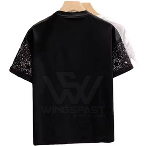 Camisetas estampadas con diamantes de imitación de ajuste holgado de color sólido, ropa de calle 100% algodón, camiseta con diamantes de imitación para hombre - Product Image 2