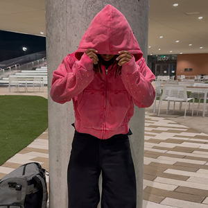 MOVATEXTILES Vente en gros de qualité supérieure 450GSM Heavyweight Men's Distressed Embroidery Basics Hoodies 100% Cotton Zip Up Hoodie - Product Image 3