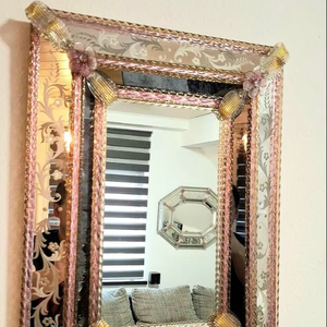 <b>Vintage</b> Venetian <b>Mirror</b> with Pink & <b>Gold</b> Murano Art Glass Accents - Product Image 1