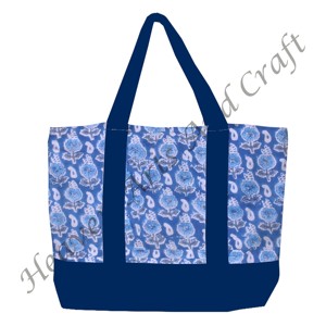 Sac fourre-tout en tissu imprimé à la main avec poignée bleue en provenance d'Inde, motif floral multi-main avec deux bretelles, vente en gros BHCB028 - Product Image 3