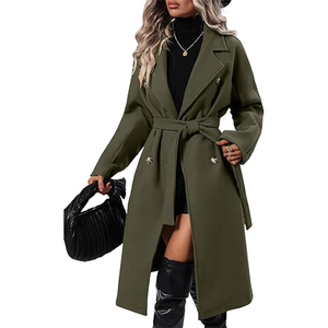 Abrigo de lana largo con bolsillo de doble botonadura elegante de invierno de fabricante profesional para mujer con cinturón