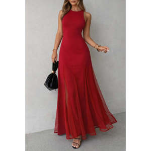 Robe longue sans manches à col rond pour femme, en tissu naturel uni, coupe trompette avec ourlet évasé asymétrique et détail en tulle 33175 - Product Image 3