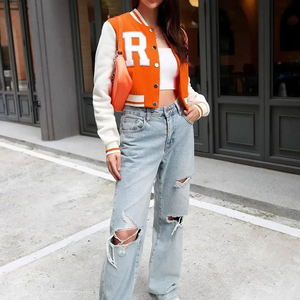 เสื้อแจ็กเก็ตนักบินโรงเรียนสำหรับผู้หญิงเสื้อแจ็กเก็ตกันหนาวแขนหนังสีเทามีสไตล์ตามสั่ง - Product Image 4