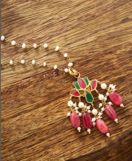 Kundan lótus pingente com pedra esculpida, Kundan Floral Pérola Cadeia, Lotus Jadau mala, Pendant tradicional