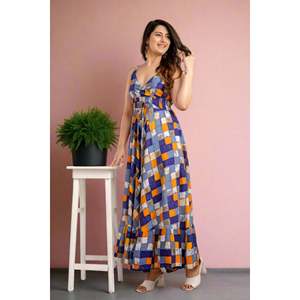 Vestido Maxi sin Mangas con Estampado Geométrico Multicolor, Corte Ajustado y Evase - SHKUP1360, Diseño Elegante y Transpirable para Oficina - ODM - Product Image 1